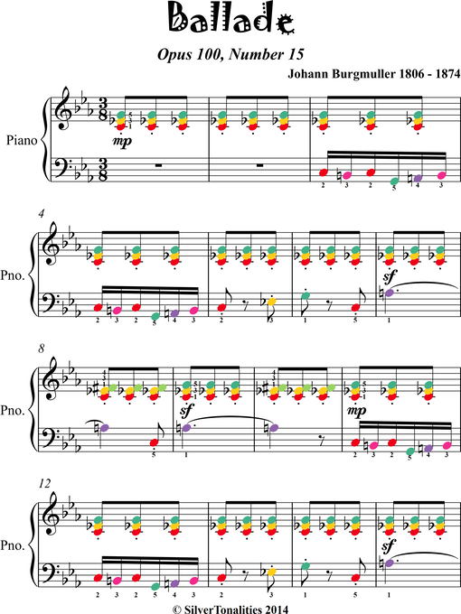 Cover image for Ballade Opus 100 Number 15 Elementary Piano Sheet Music with Colored Notes